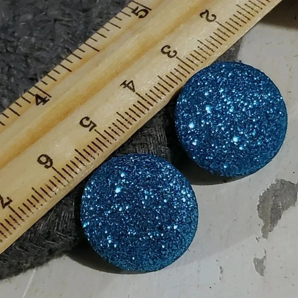 Retro 80s Club Glam Disco Sparkly Turquoise Blue Fabric Button Earrings - Picture 10 of 10